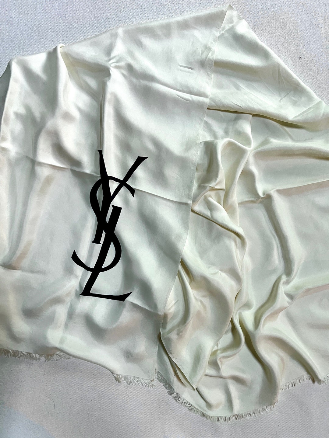 Vintage 70s Yves Saint Laurent Extra Large Signed YSL Logo White Silk ...