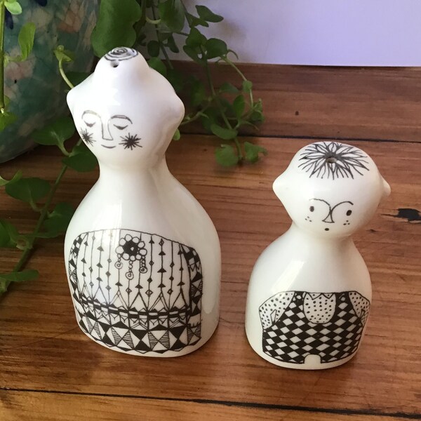 Porsgrund Norway SALT and PEPPER SHAKERS Madame and Child - Anne-Marie Odegaard