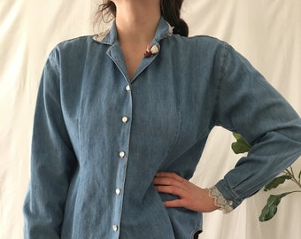 Vintage 90s Denim Button-Down Shirt With Lace Detail Size Small