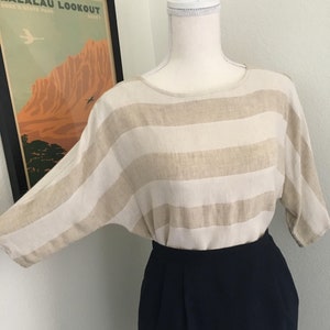 Vintage 90s Minimalist Beige Striped Linen Rayon Tunic Blouse Size Petite M