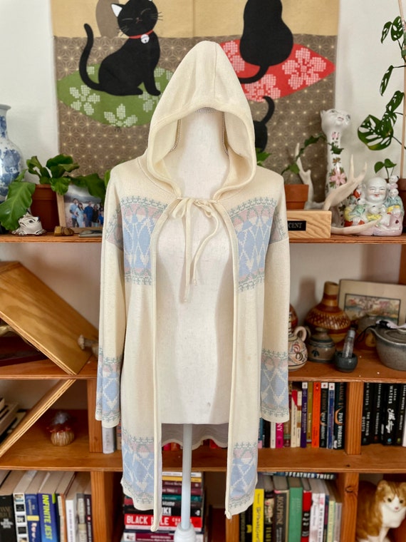 70s Bell Sleeves Pastel Hooded Cape Duster Cardig… - image 1