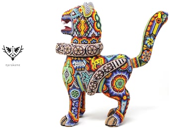 Huichol Art Sculpture Tigre with Snake Maye Xaye