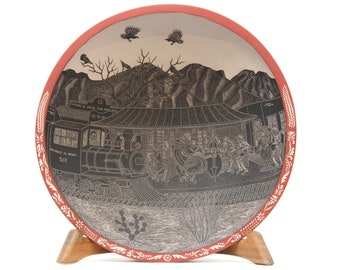 Mata Ortiz Pottery Ceramic - Day of the Dead Plate - Railway during the day - 32 cm. 13 in. diameter