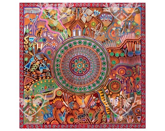 Nierika de Estambre Huichol Painting - Peyote Family - 200 x 200 cm. - 79 x 79 in. - Mexican visionary art