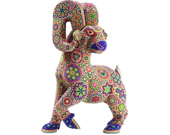 May include: A colorful ram sculpture with intricate floral and geometric patterns in shades of red, yellow, blue, and green. The ram has large, curved horns and is posed on four legs. The sculpture is a vibrant piece of art.