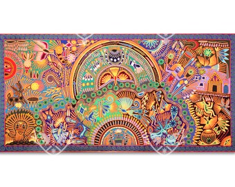 Nierika de Estambre Huichol Painting - Marakame - 244 x 122 cm. - 96 x 48 in. - Mexican visionary art