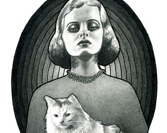 May include: A black and white pencil drawing of a woman with short, wavy hair wearing a necklace and a dark sweater. She is holding a white cat in her arms.