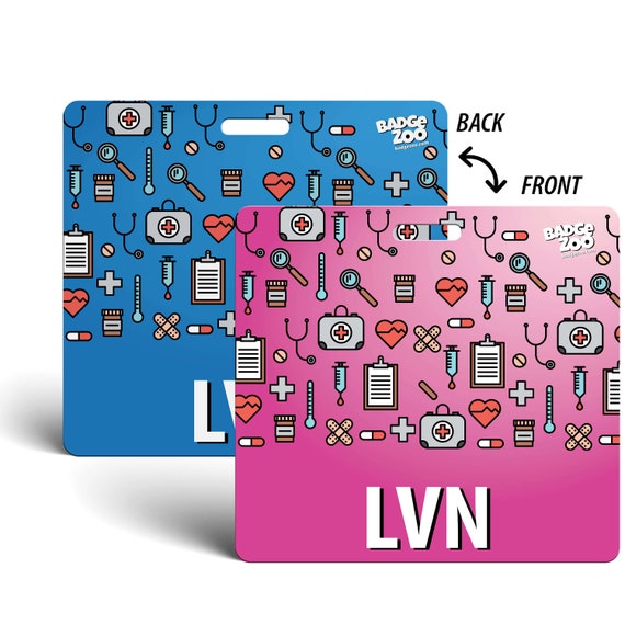 LVN Badge Buddy - Pink/Blue with Medical Icons - Vertical Badge Id Card for  Licensed Vocational Nurses - By BadgeZoo - BadgeZoo