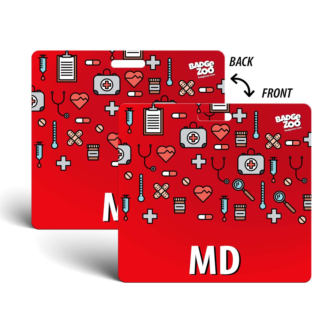 MD Badge Buddy Red With Medical Icons Horizontal Badge Id Card for ...