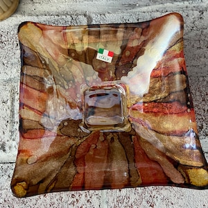 Art Glass Square Bowl Italy IL Quadrifoglio Orange Black Gold Metallic 7.5”