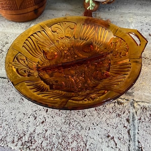 Vintage Amber Indiana Glass Co Divided Relish Dish, Tray, Bowl w Handle