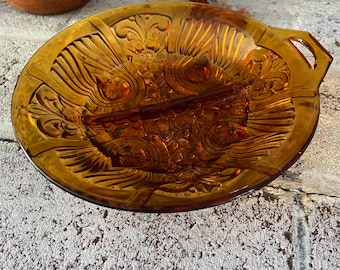 Vintage Amber Indiana Glass Co Divided Relish Dish, Tray, Bowl w Handle