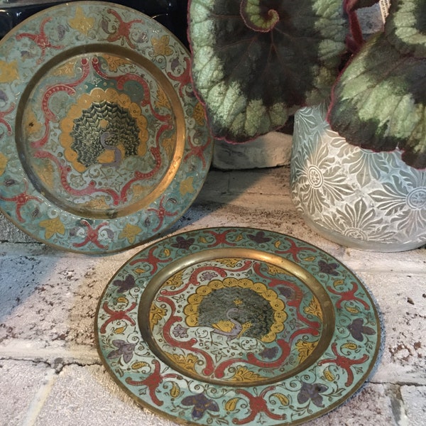 Vintage ornate enamel/brass peacock plates