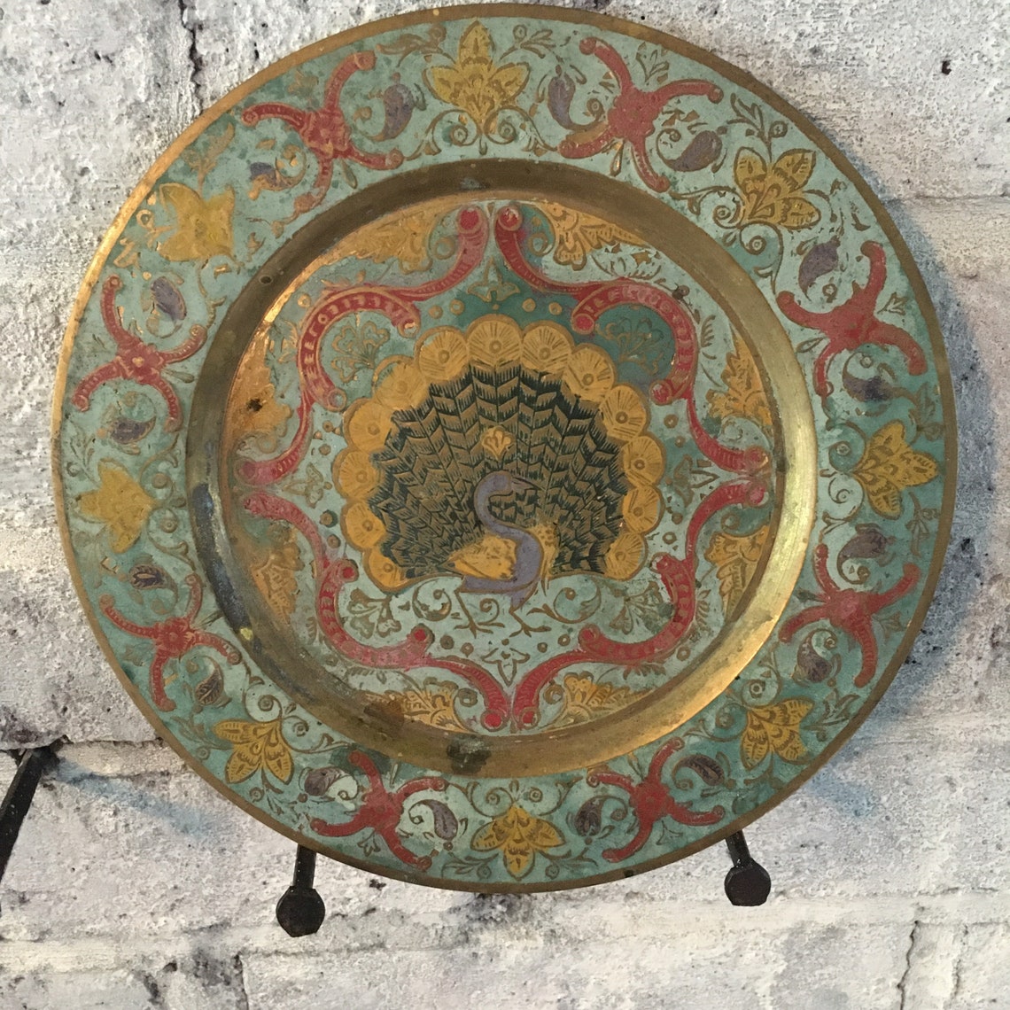 Vintage Ornate Enamel/brass Peacock Plates Etsy