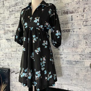 1960s/1970s floral, high waisted, butterfly collar, bubble sleeve dress