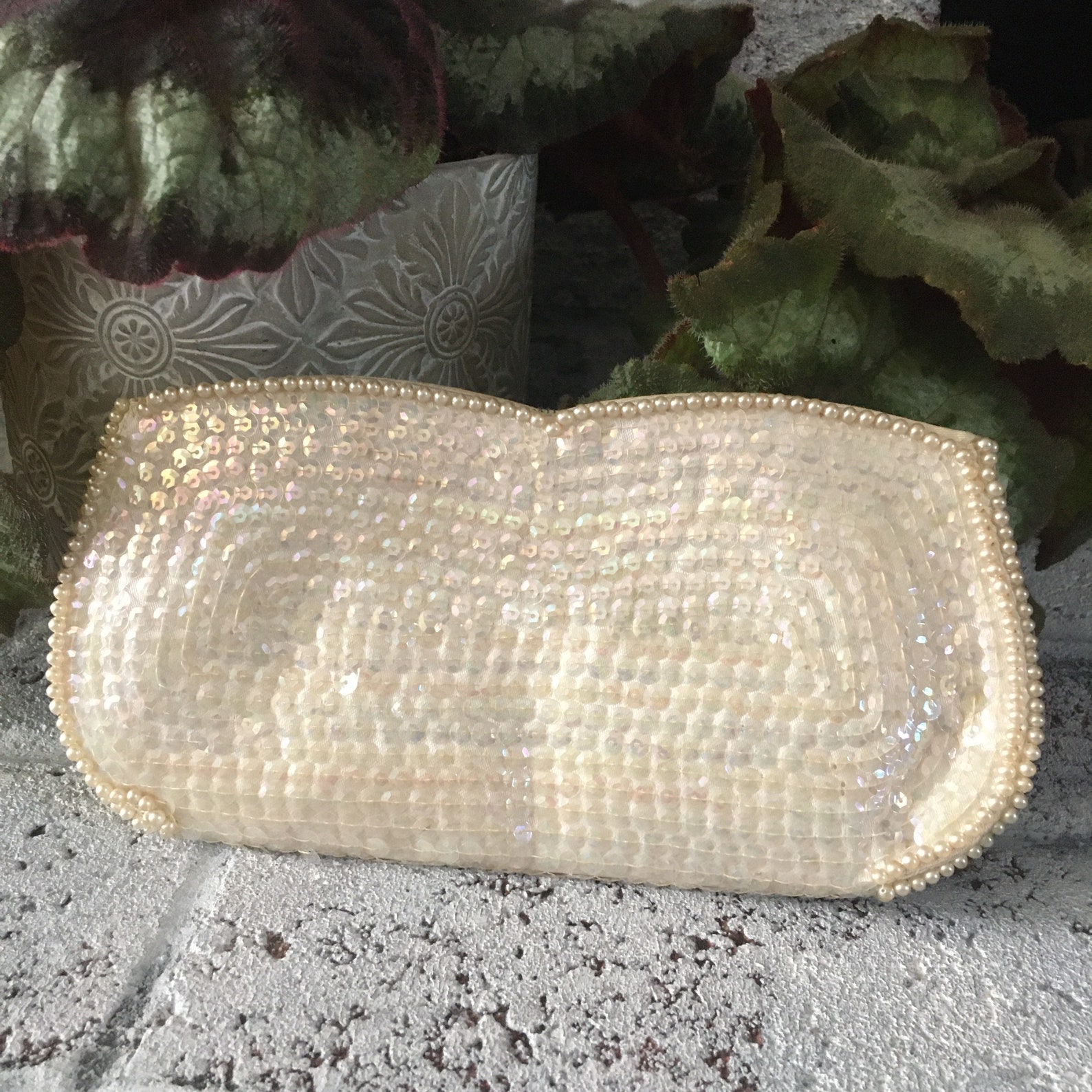 white sequin clutch