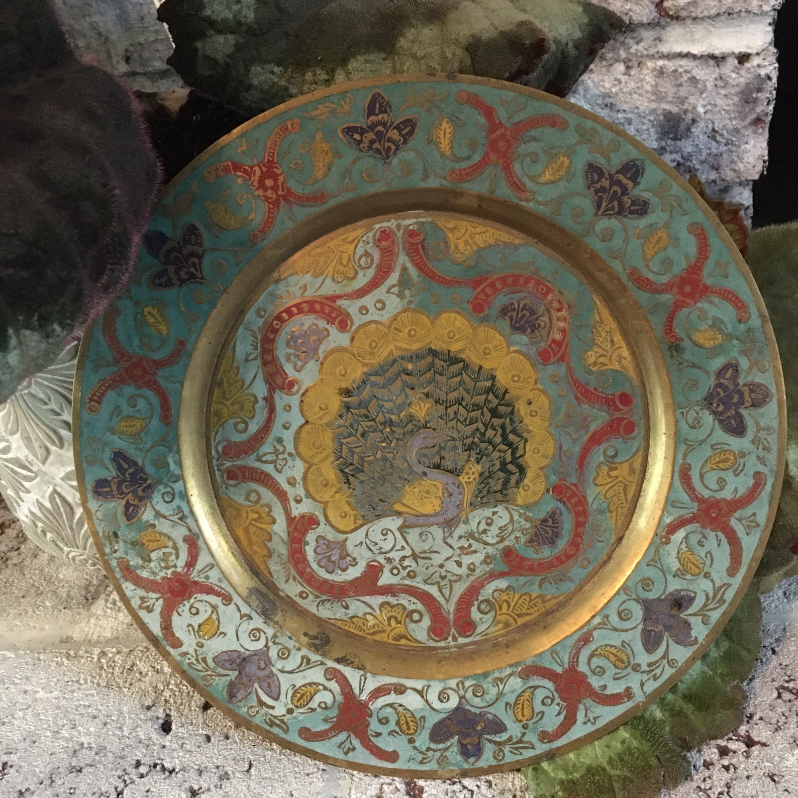 Vintage Ornate Enamel/brass Peacock Plates Etsy