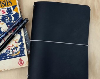 B6 Size Black Leather Travelers Notebook Cover, Customize Your Size and Elastic Color
