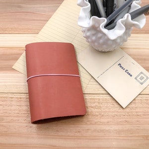 Pocket Size Pink Leather Travelers Notebook Cover, Customize Your Elastic
