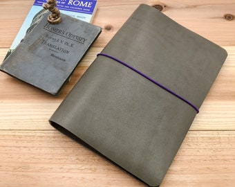 A5 Größe Grau Leder Travelers Notebook Cover, Individualisier deinen Gummizug