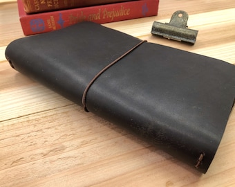 Classic Size Dark Chocolate Brown Leather Travelers Notebook Cover, Customize Your Elastic