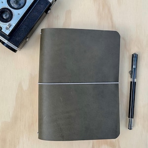 May include: A dark olive-green leather journal with a white elastic closure, a black and silver pen, and a vintage black camera on a light wood surface. The journal is closed and has a simple, minimalist design.