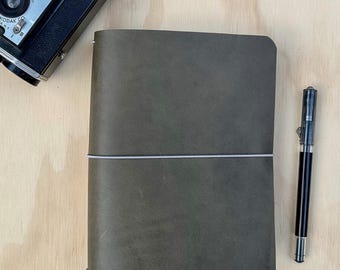 B6 Size Pebble Gray Leather Travelers Notebook Cover, Customize Your Size and Elastic Color