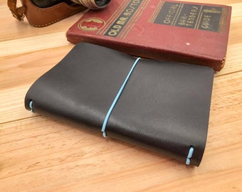 Pocket Size Black Leather Travelers Notebook Cover, Customize Your Size and Elastic Color