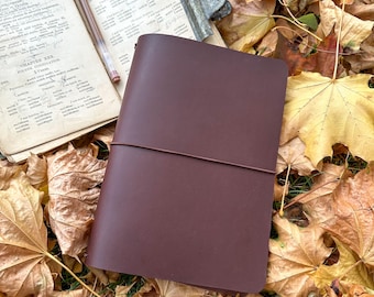 May include: A burgundy leather journal with an elastic closure lies on a bed of autumn leaves. An open book with handwritten text and a silver clip are also visible. The scene evokes a sense of fall and writing.