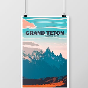 Grand Teton Mountains Sunset Poster National Park Adventure Printable Retro landscape nature art Print Home decor outdoor plants decorations