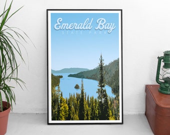 Emerald Bay Lake Tahoe Art Poster, Retro Travel Print (Digital Download)