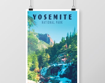 Yosemite National Park Art Print, Retro Waterfall Landscape (Digital Download)
