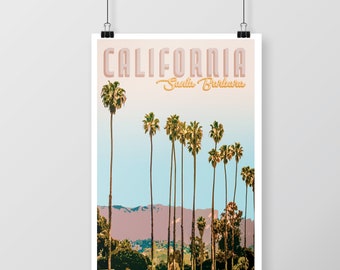 Santa Barbara Palm Tree Poster, Retro Travel Print, California Beach Poster (Digital Download)