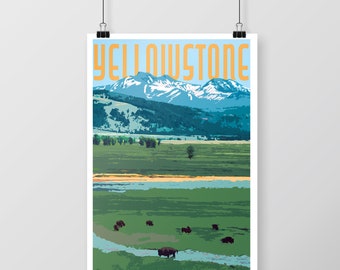 Yellowstone National Park Poster, Retro Travel Art, Vintage Mountain Decor, Printable Landscape (Digital Download)
