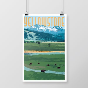 May include: A vintage-style travel poster featuring a scenic view of Yellowstone National Park. The poster has a blue sky with white clouds, a mountain range with snow-capped peaks, a green valley with a river, and a herd of bison in the foreground. The text "YELLOWSTONE" is printed in orange at the top of the poster.