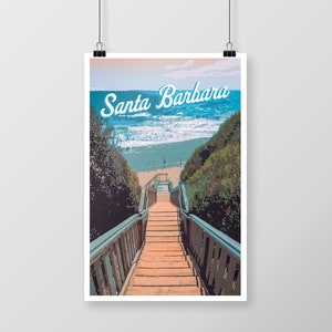 Santa Barbara retro printable beach poster, California ocean art, vibrant travel print, adventure wall decor, home surfer decoration digital