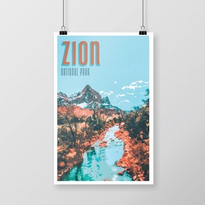 May include: A vintage-style poster with the text "Zion National Park" in a blue and orange font. The poster features a scenic view of a river winding through a canyon with snow-capped mountains in the background.