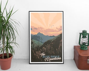 Blue Ridge Mountains Sunset Print, Retro National Park Art (Digital Download)