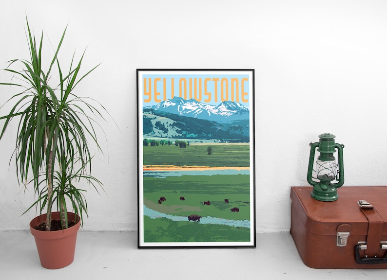 May include: A vintage-style poster with a blue sky and mountains in the background. The text "Yellowstone" is in orange letters at the top of the poster. There are a few bison in a river in the foreground.