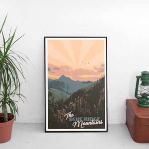 May include: A vintage-style poster with a sunset scene over a mountain range. The text "The Blue Ridge Mountains" is at the bottom of the poster.