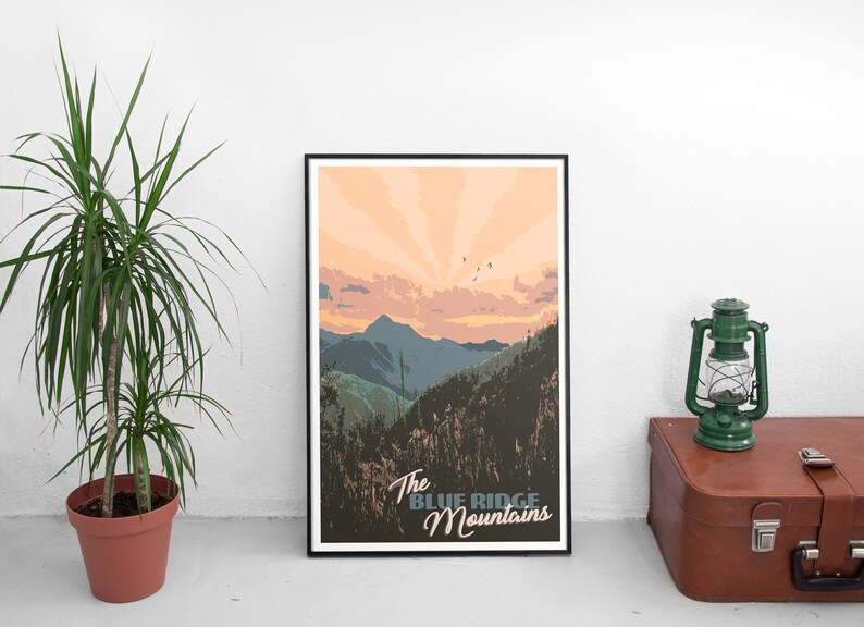 May include: A vintage-style poster with a sunset scene over a mountain range. The text "The Blue Ridge Mountains" is at the bottom of the poster.