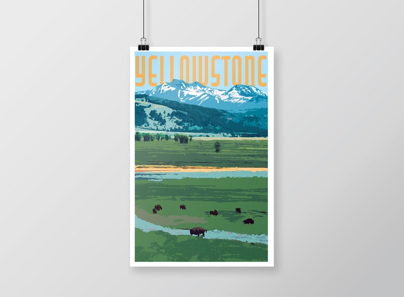 May include: A vintage-style travel poster featuring a scenic view of Yellowstone National Park. The poster has a blue sky with white clouds, a mountain range with snow-capped peaks, a green valley with a river, and a herd of bison in the foreground. The text "YELLOWSTONE" is printed in orange at the top of the poster.