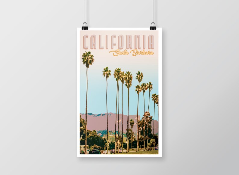 May include: A vintage-style poster with the text "CALIFORNIA Santa Barbara" in a retro font. The poster features a row of palm trees in front of a mountain range with a blue sky and clouds.