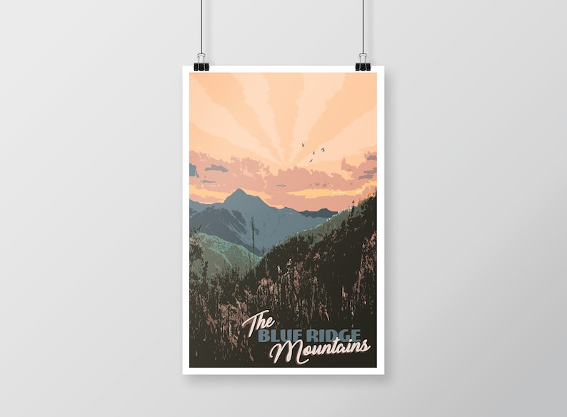 May include: A vintage-style poster with a sunset over the Blue Ridge Mountains. The text reads "The Blue Ridge Mountains".