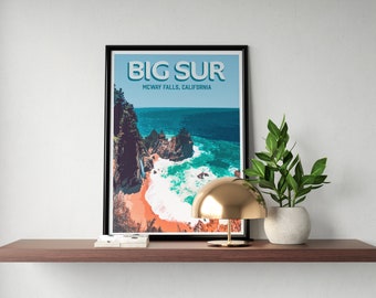Big Sur Travel Poster, McWay Falls Art Print, Big Sur Digital Download, Retro Travel Poster, Printable Wall Art