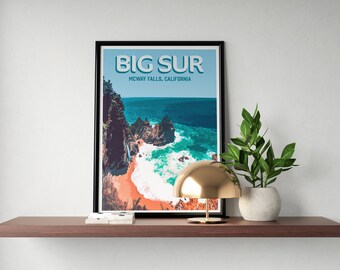 Big Sur Travel Poster, McWay Falls, Retro Wall Art (Digital Download)