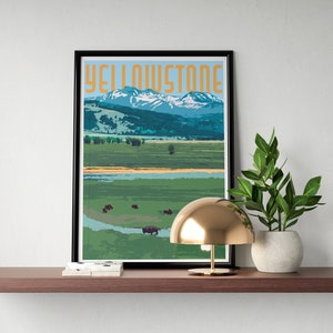 May include: A vintage-style poster with the text "Yellowstone" in a yellow and orange font. The poster features a scenic landscape with mountains, a river, and a field of bison.