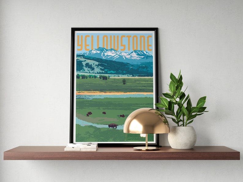 May include: A vintage-style poster with the text "Yellowstone" in a yellow and orange font. The poster features a scenic landscape with mountains, a river, and a field of bison.