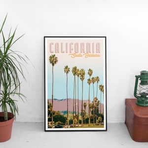 May include: A framed poster with a retro design featuring palm trees and the text "CALIFORNIA Santa Barbara".