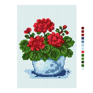 May include: Cross-stitch design of a potted geranium plant with vibrant red flowers and green leaves. The pot is light blue, and the background is a light blue grid. The word "CHILL" is at the bottom in a pixelated font.